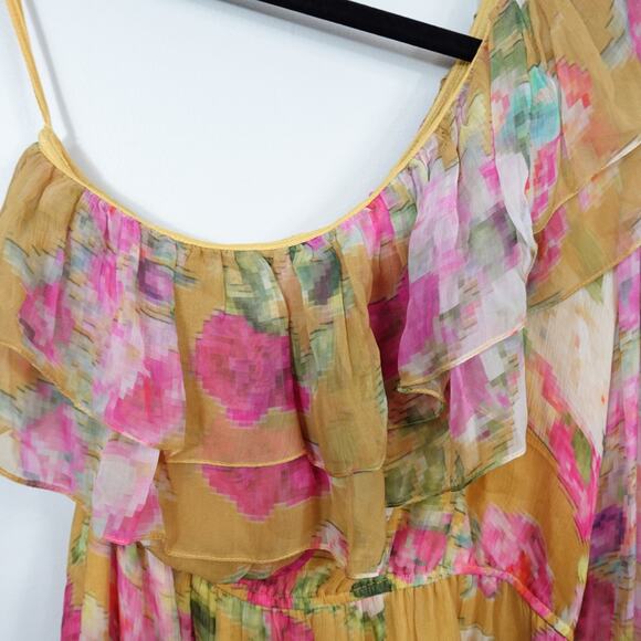Rococo Sand Avar Belted One Shoulder Peasant Sleeve Yellow Floral Dress Large - Picture 6 of 9